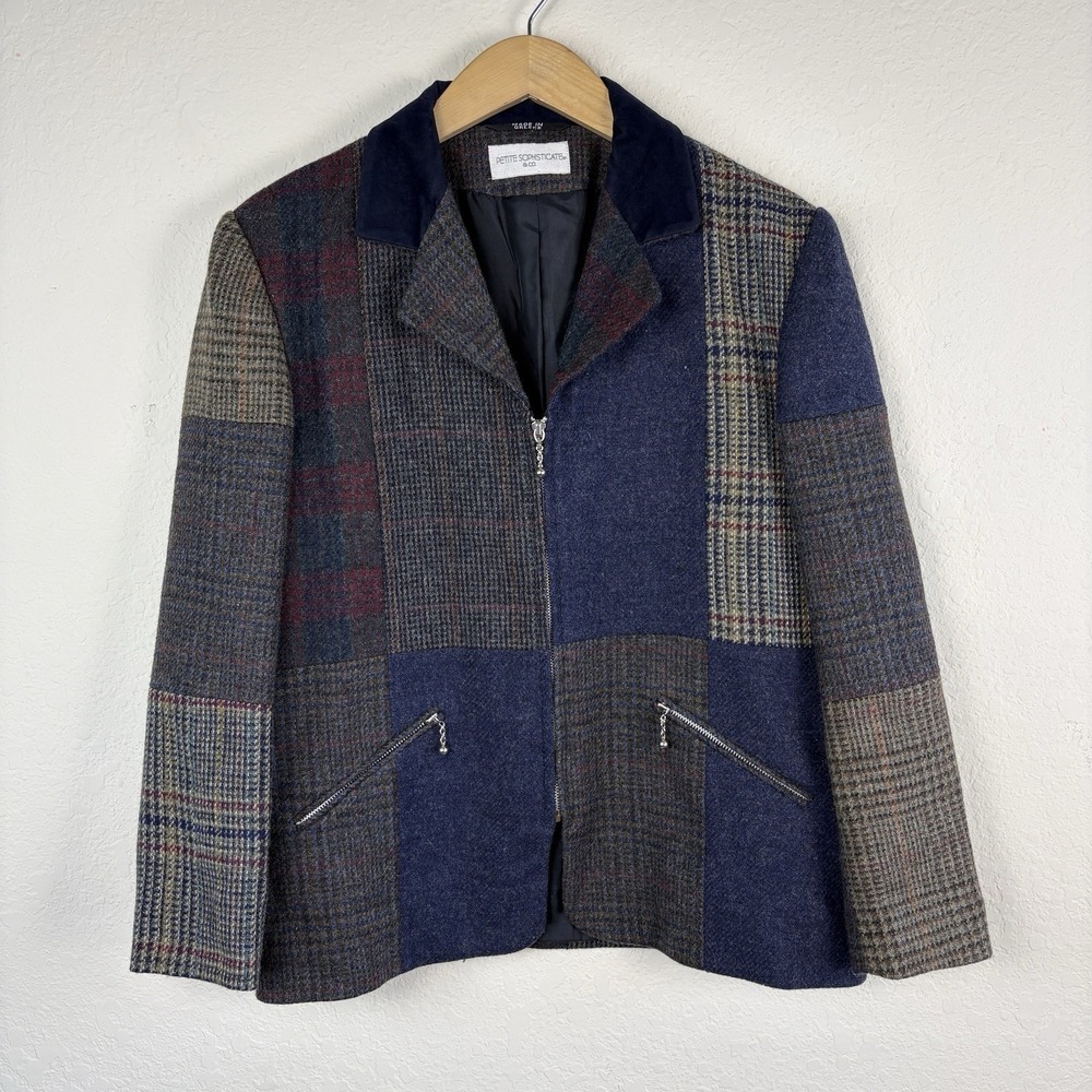 Petite Sophisticate Womens 8 Blazer Jacket Wool Patchwork Full Zip Preppy Vtg